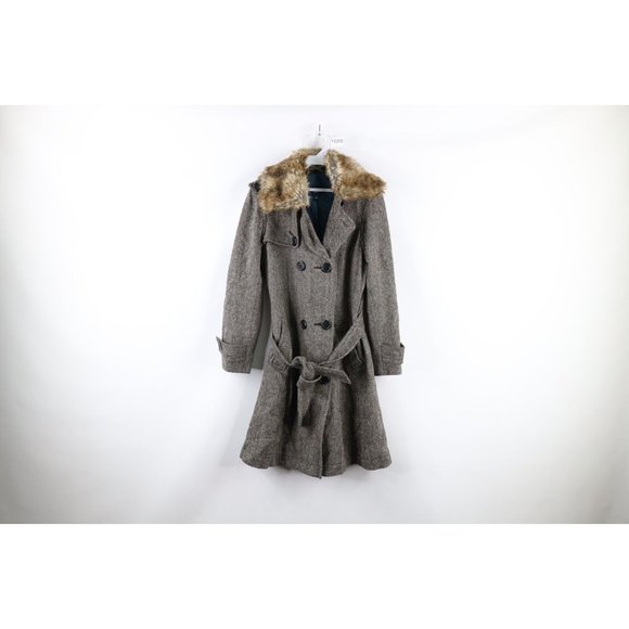 Vintage Gap M Wool Blend Herringbone Fur Collar Belted Double Breasted Jacket